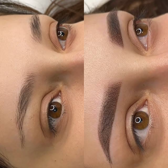 Antes e depois de micropigmentação de sobrancelhas feita pela Eliza Silva
